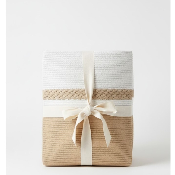 100% Cotton Woven Storage Basket – Cream & Tan Boho Organizer - Picture 4 of 4